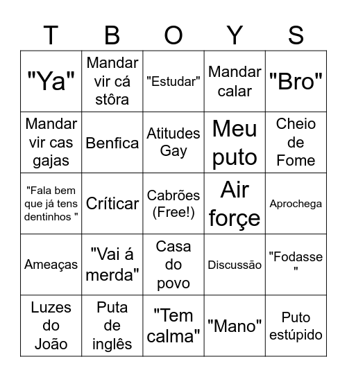 The boys Bingo Card