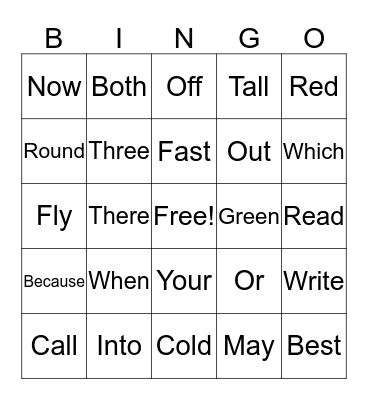 Site Word Bingo Card