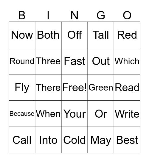 Site Word Bingo Card