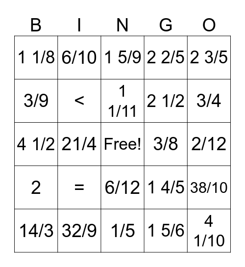 Fractions Bingo Card