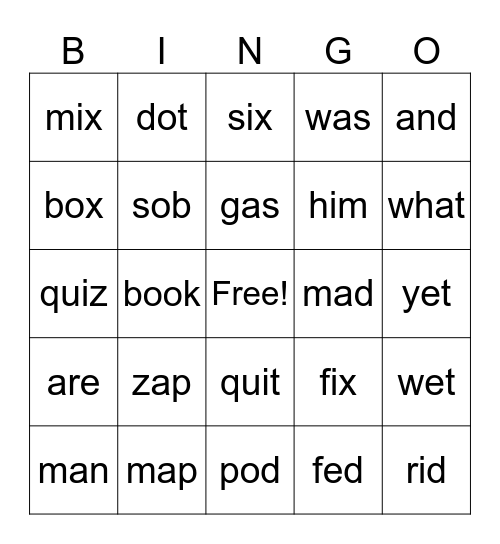 UFLI -Short Vowels in CVC Words Bingo Card