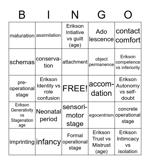 Lifespan Development Bingo Card