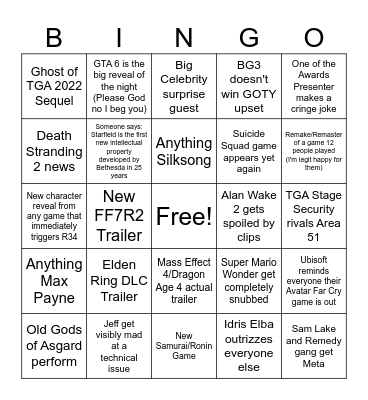 The Game Awards 2023 Bingo Card