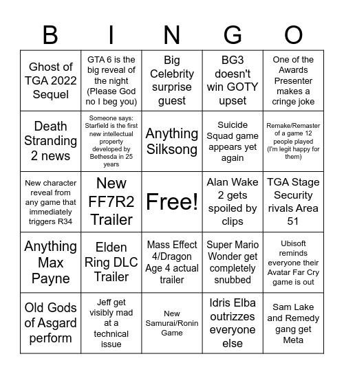 The Game Awards 2023 Bingo Card