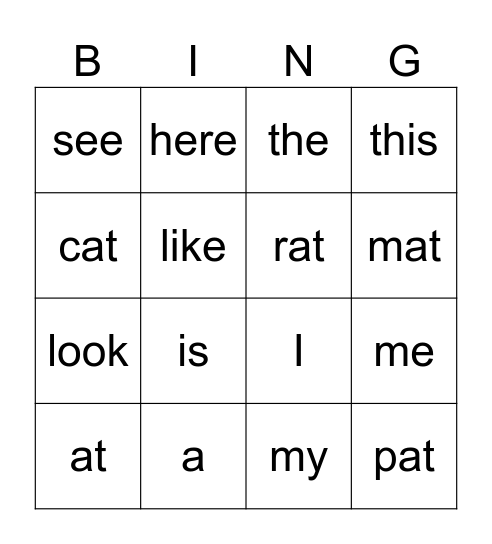 Kindergarten Bingo Card