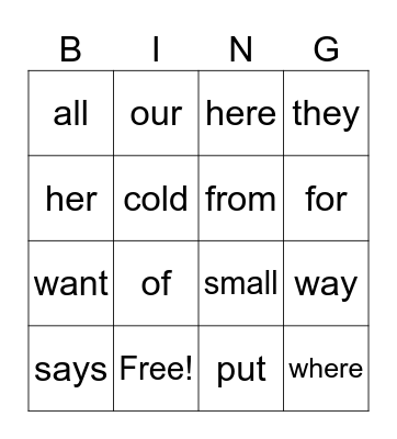Sight Words Bingo Card