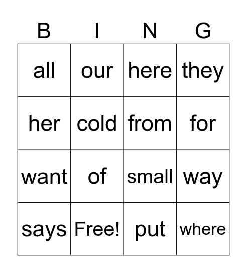 Sight Words Bingo Card