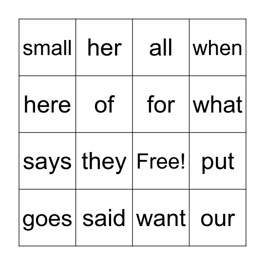 Sight Words Bingo Card