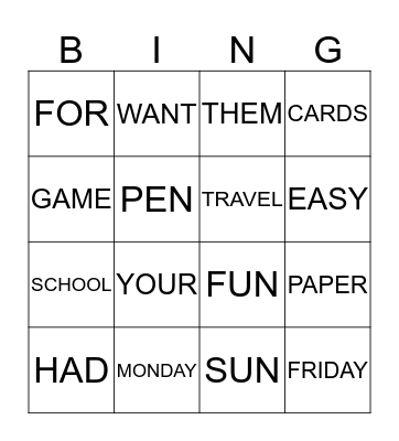 WORD BINGO Card