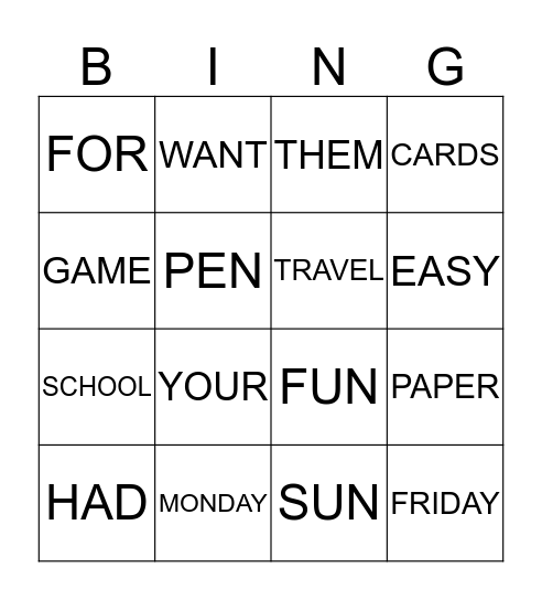 WORD BINGO Card