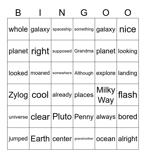 Penny Pluto Goes to Earth Bingo Card