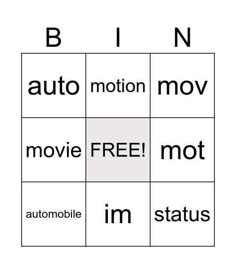 Vocabulary Chapter 3 Bingo Card