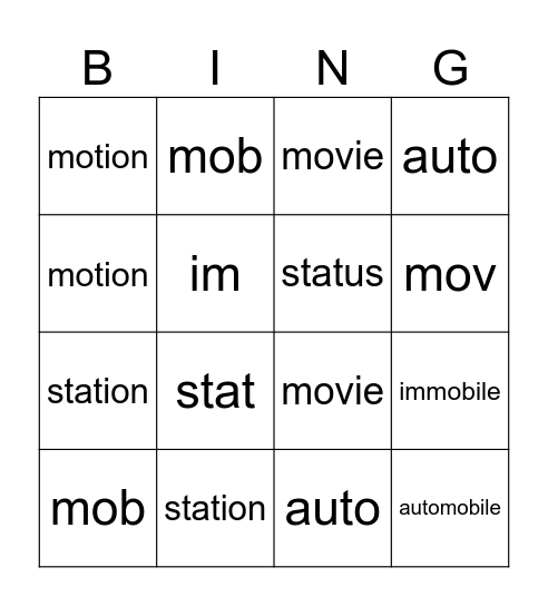 Vocabulary Chapter 3 Bingo Card