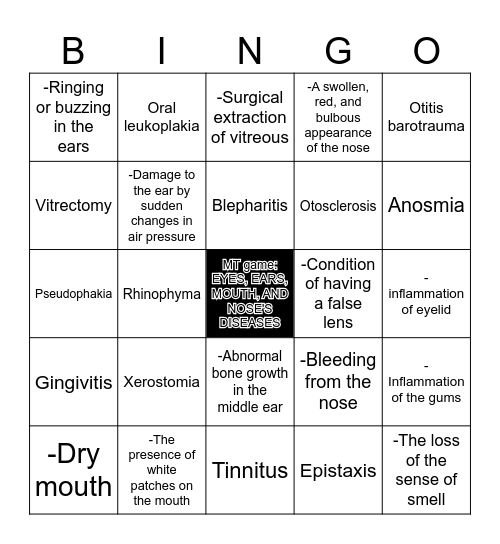 MT game: EYES, EARS, MOUTH, AND NOSE'S DISEASES Bingo Card