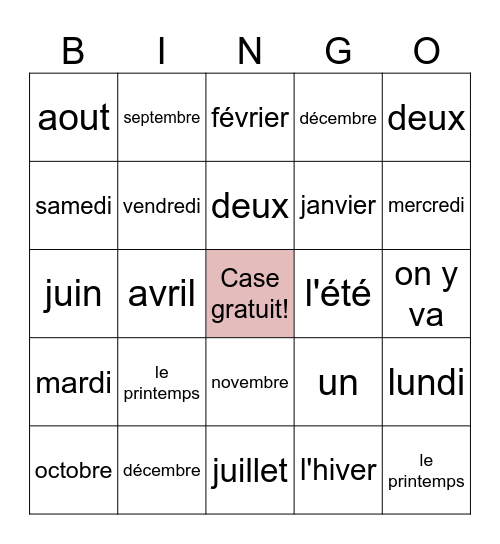 Les jours, les mois et les saisons.... Bingo Card