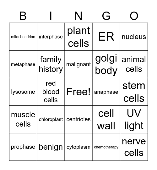 Cells, Cell division, Cancer, specialized cells, stem cells Bingo Card