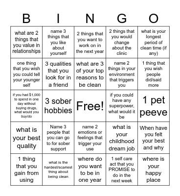 Recovery! Bingo Card
