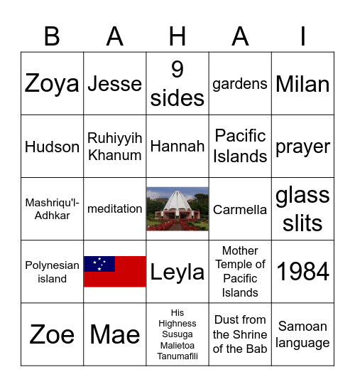 Baha'i House of Worship in Samoa Bingo Card