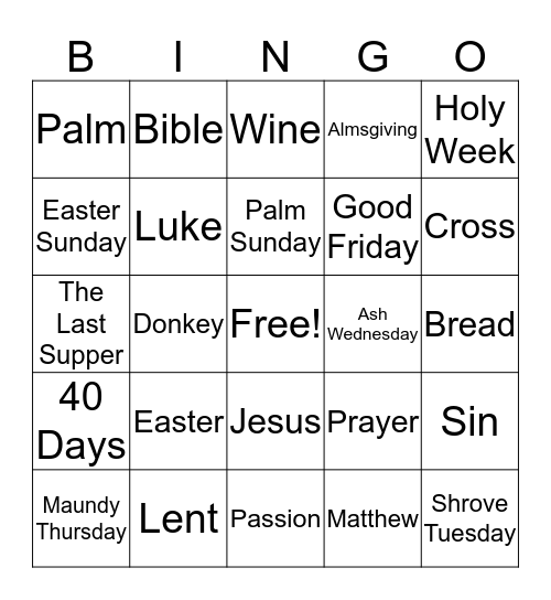 Lent/Easter Bingo Card