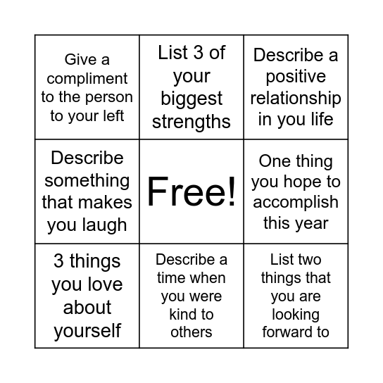 Positive Psychology Bingo Card