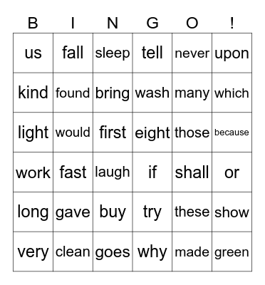 Sight Words Bingo Card