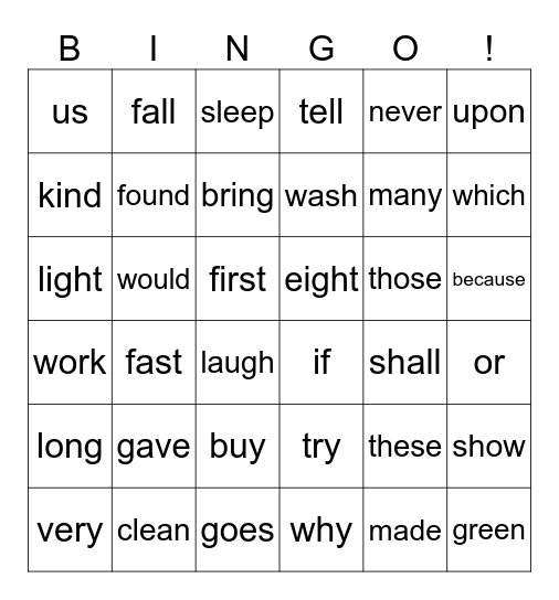 Sight Words Bingo Card