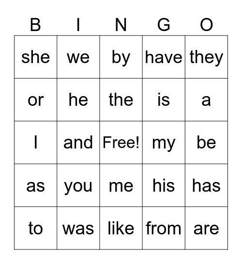 Snap Word Bingo Card