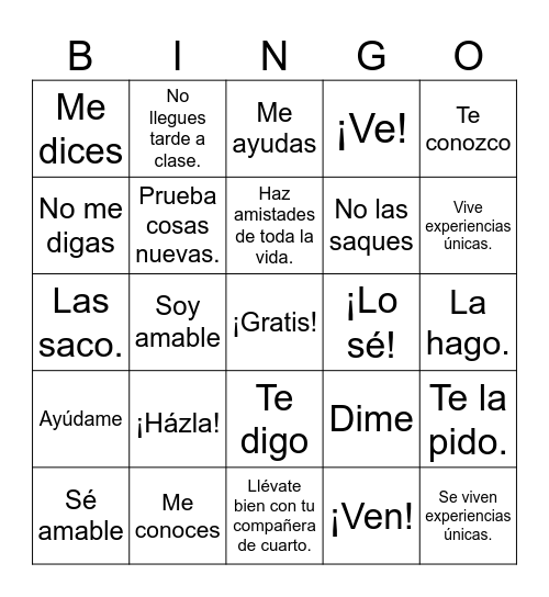 Los mandatos de tú: El internado Bingo Card