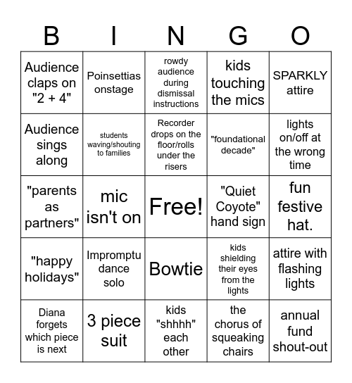 Winter Concert Bingo Card