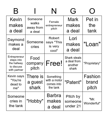 Shark Tank Bingo Card