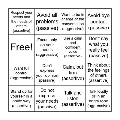Passive, Assertive, or Aggressive Bingo Card