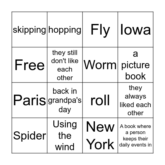 Diary of A Spider Bingo Card