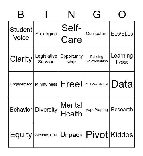 WSSDA 2023 Bingo Card