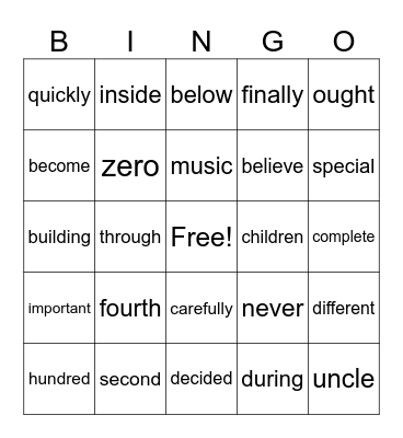 2nd grade high frequency word Bingo Card