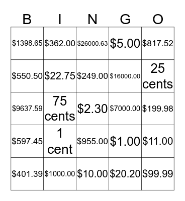 Money Bingo Card