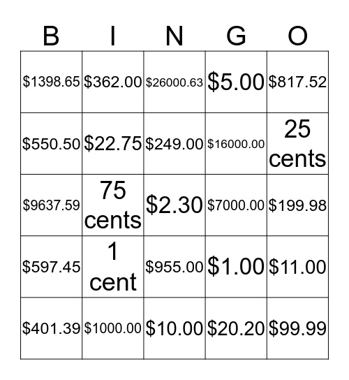 Money Bingo Card