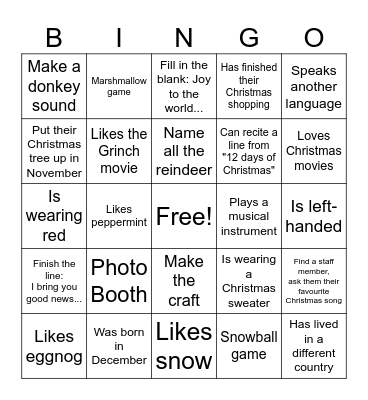 Family Christmas Bingo Card