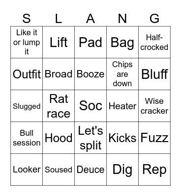 Outsiders "Slang" Bingo Card