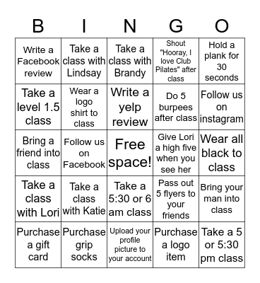 Club Pilates Bingo Challenge Bingo Card