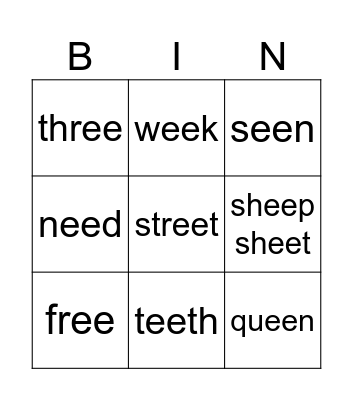 Spelling ee Bingo Card