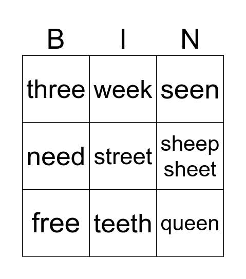 Spelling ee Bingo Card