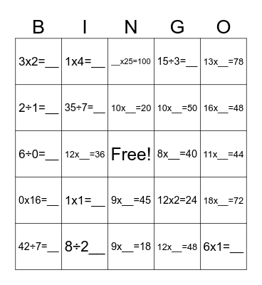 Multiplication and Subtraction Bingo Card