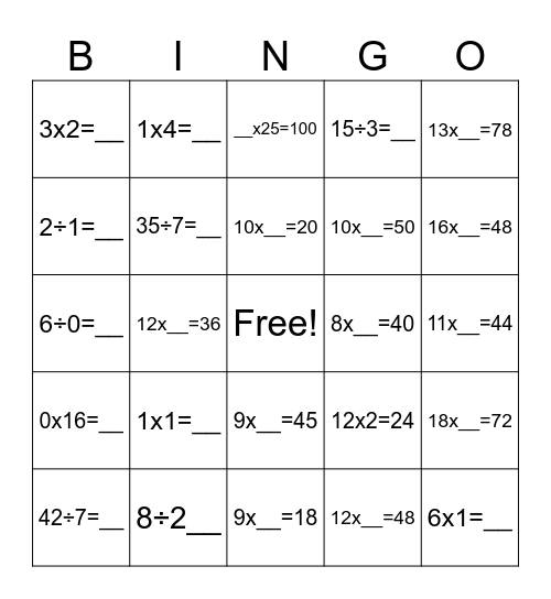 Multiplication and Subtraction Bingo Card