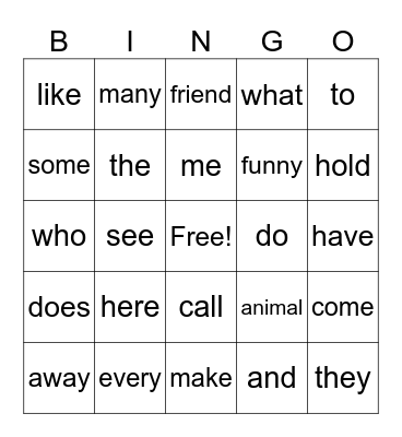 Sight Words Bingo Card