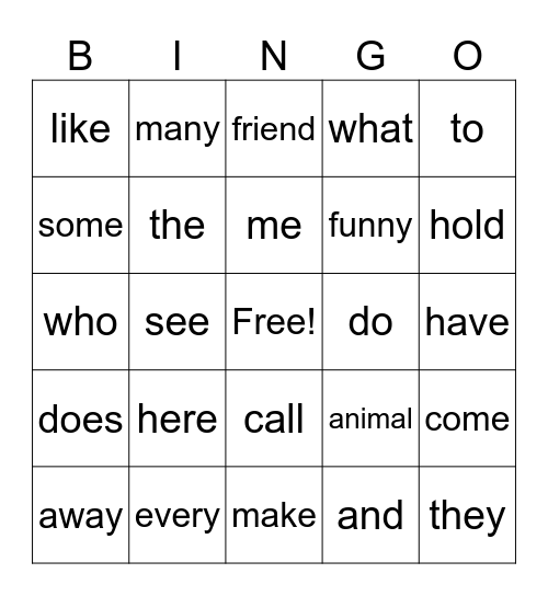 Sight Words Bingo Card