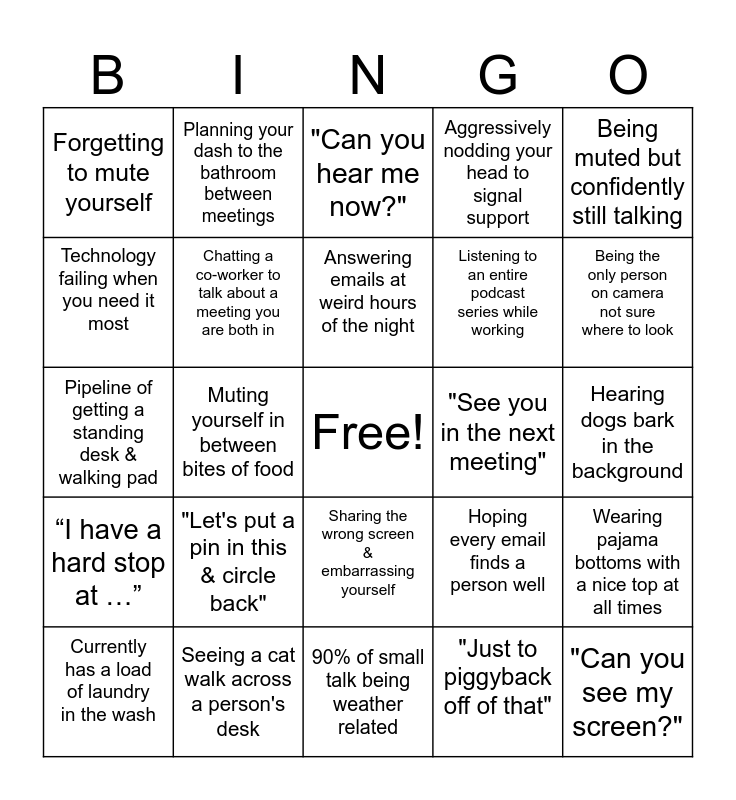 Remote Worker Bingo Card