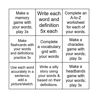 Vocabulary Review Bingo Card