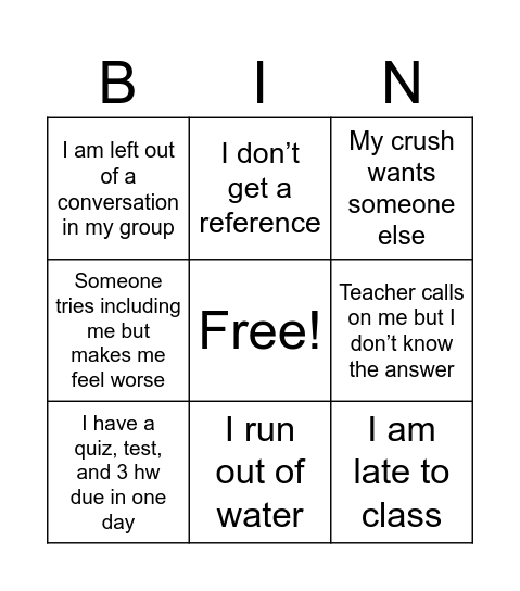 Unluckiness Bingo Card