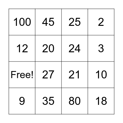 Multiplication Bingo Card