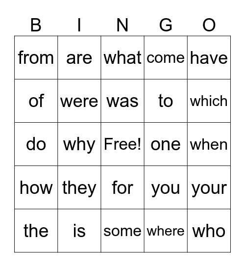 Week 2 Frequency Words Bingo Card